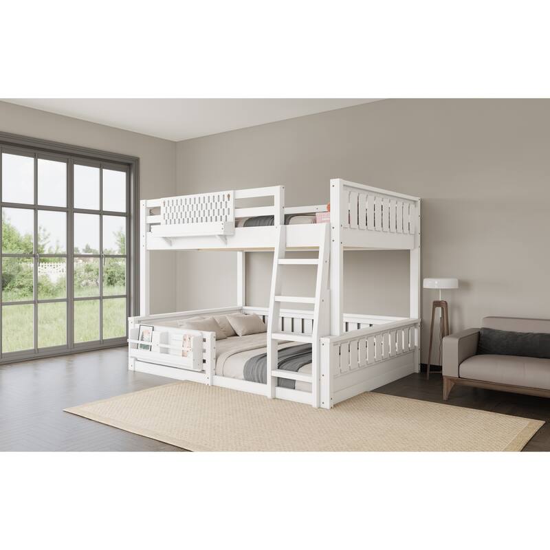 Full XL over Queen/Full over Queen Bunk Bed with Ladder and Guardrails, Pegboard and bookshelf, White
