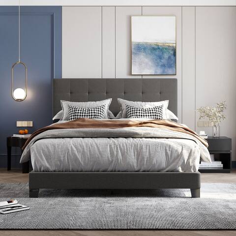 Queen Upholstered Platform Bed with Tufted Headboard, Box Spring Needed, Linen Fabric, Grey