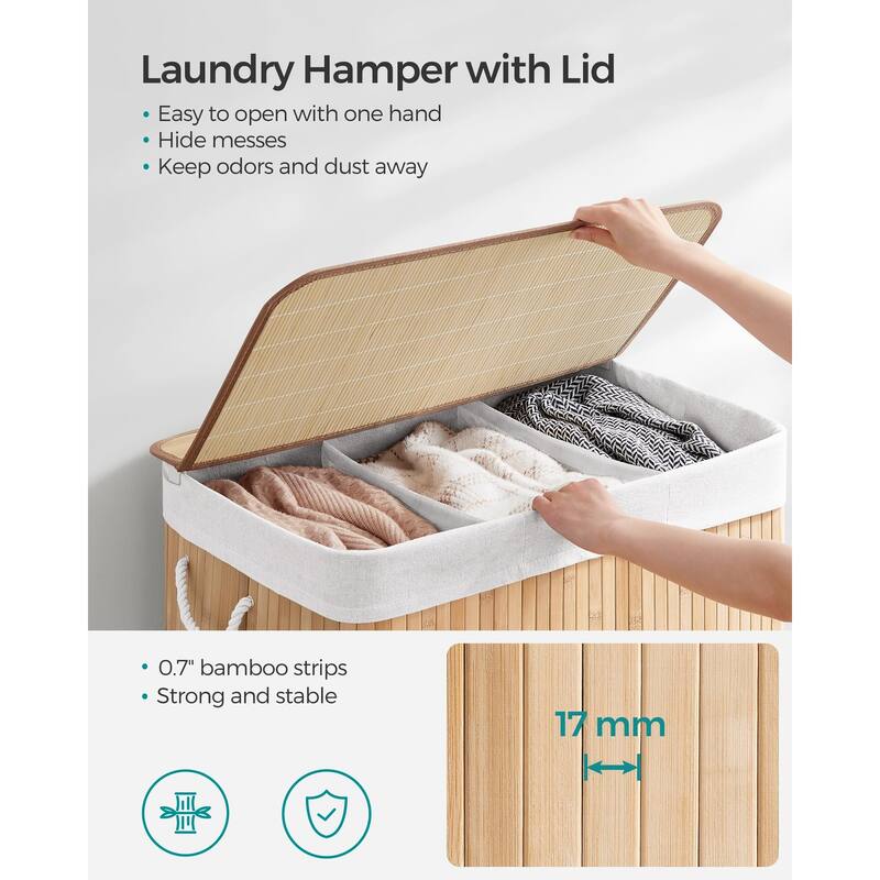 Laundry Hamper, 39.6 Gallons (150L),3-Section Laundry Basket, Laundry Hamper with Lid, Bamboo,Removable & Machine Washable Liner