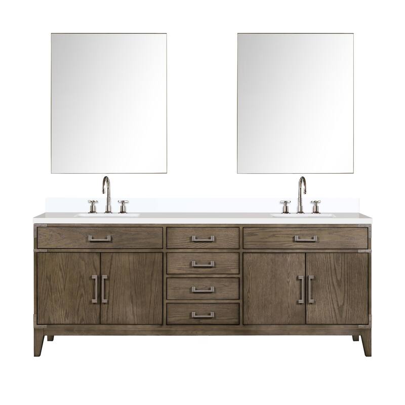 Laurel 60 in W x 22 in D Black Oak Double Bath Vanity, White Quartz Top, Faucet Set, and 28 in Mirrors