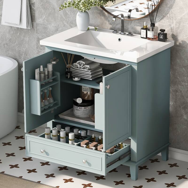 30" Bathroom Vanity with Sink Combo, Multi-functional Bathroom Cabinet with Doors and Drawer, Solid Frame and MDF Board - Green