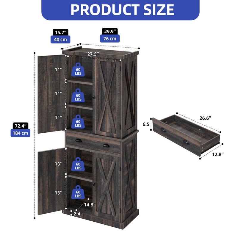Farmhouse Kitchen Storage Pantry Cabinet with with 4 Barn Doors and Large Drawer & Adjustable Shelves