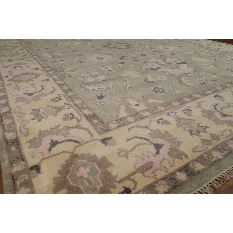 Transitional Oushak Indian Area Rug Handmade Green Wool Carpet - 9'0" x 12'0"