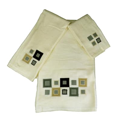 Marina Decoration Decor Soft 100% Cotton Bathroom Modern 3 Piece Embroidered Towel Set, Ivory Background with Multi Squares