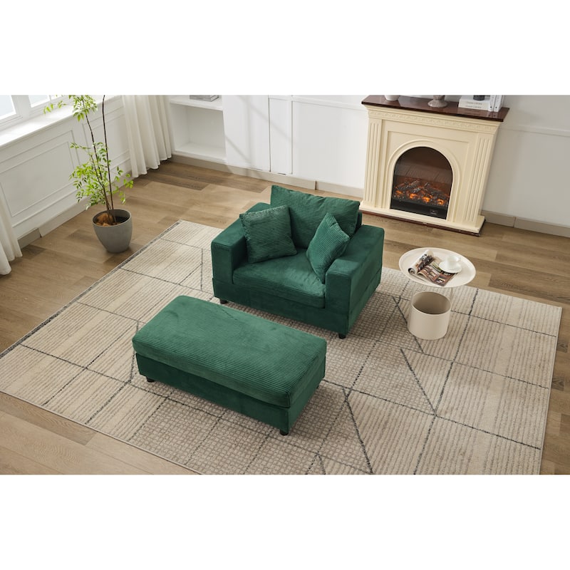 Chaise Lounge Chair with Removable Ottoman, Modern Accent Armchair Corduroy Sleeper Sofa Chair with Pillows for Living Room