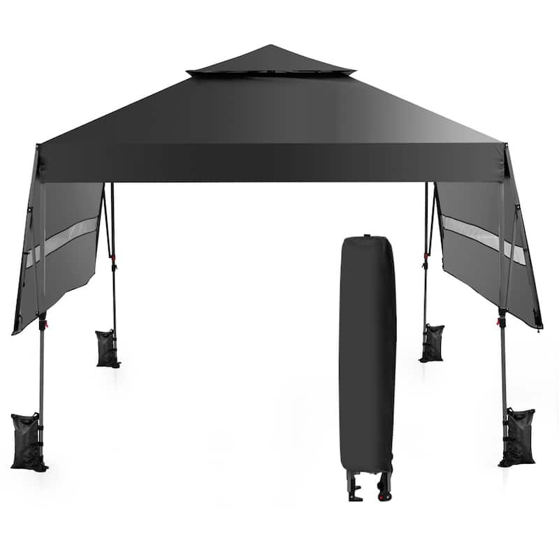 Outdoor Pop Up Canopy Tent with Side Awnings 10x17.6 Ft for Patio or Beach - 10 x 17.6 x 8.9-9.5 ft - Black