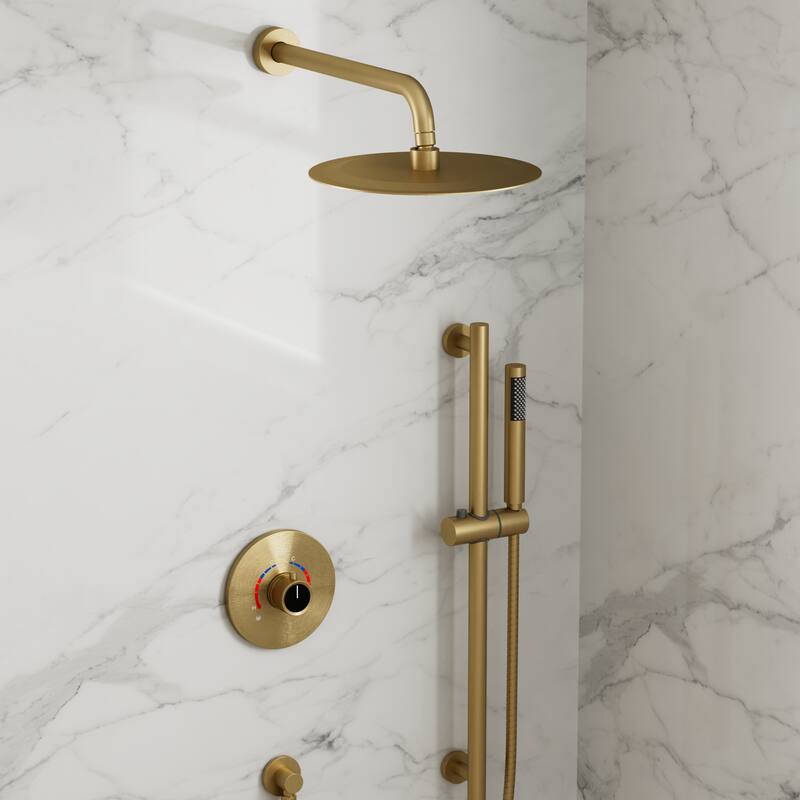GRANDJOY 10" Wall-Mounted Shower Head System and Handheld Shower with Sliding Bar - Brushed Gold