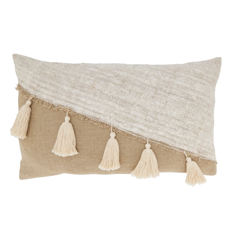 Chic Pillow with Bohemian Flair - 16"x24" - Polyester - Natural