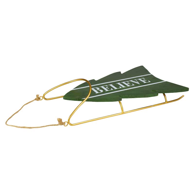 Wooden "Believe" Christmas Snow Sled Decoration - 18.25" - Green