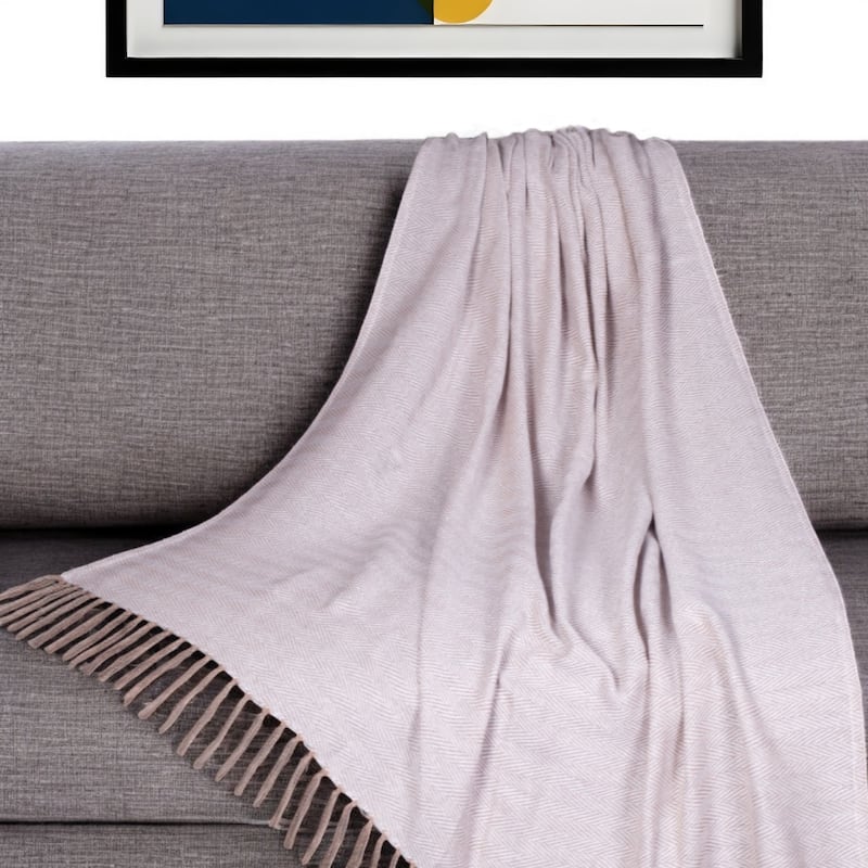 HomeRoots 50" X 60" Beige and Brown Woven Cotton Herringbone Throw Blanket with Fringe - Throw - Beige and Brown