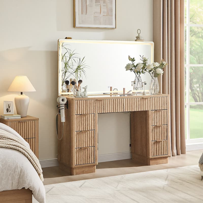 Modern Fluted Makeup Vanity Desk with Mirror, Lights, Charging Station
