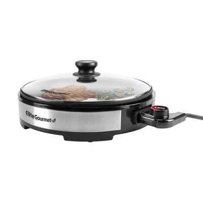 Elite Gourmet 12” Deluxe Indoor Grill with Tempered Glass Lid, Stainless Steel