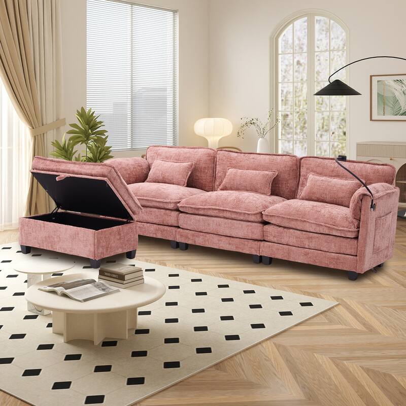 GALDWIN Chenille Upholstered L-shaped Modular Sectional Sleeper Sofa with Movable Storage Ottoman,USB&Type-C - Pink