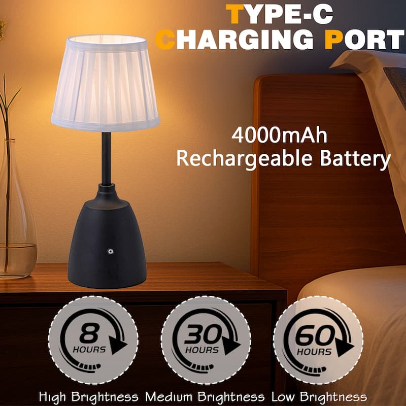 Classic Rechargeable LED Table Lamp with Fabric Shade Touch Control USB Cordless Nightstand Light for Nightstand Room - W6.3‘’