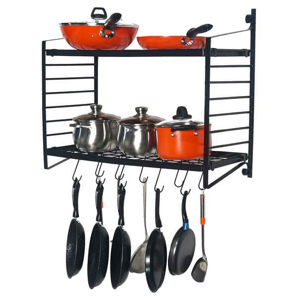 slide 6 of 6, 2-Tiered Wall Mounted Pot Rack Hanging Rack for Kitchen Storage and Organization Black