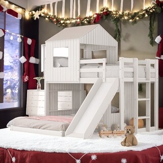 Twin Over Full House Bunk Bed with Ladder, Slide, White