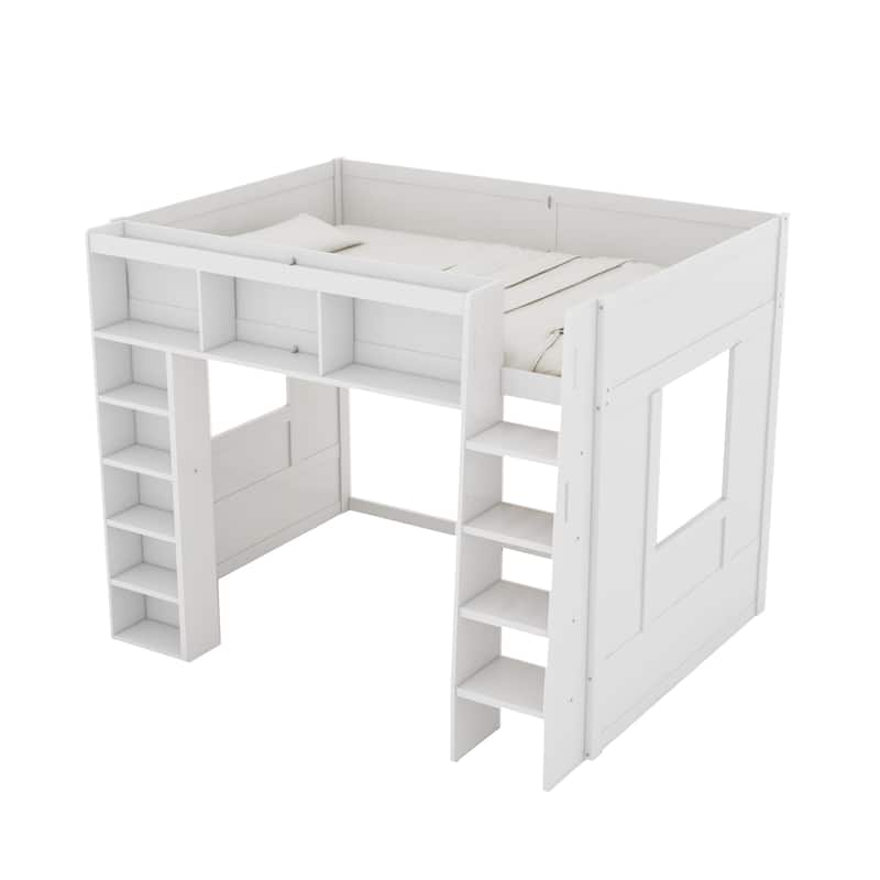 Queen Size Wooden Loft Bed with Storage Cabinets and Shelves, Multifunctional Country Style Design