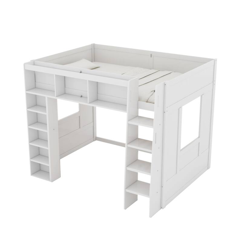 Queen Size Wooden Loft Bed with Storage Cabinets and Shelves by Harper&Bright Designs