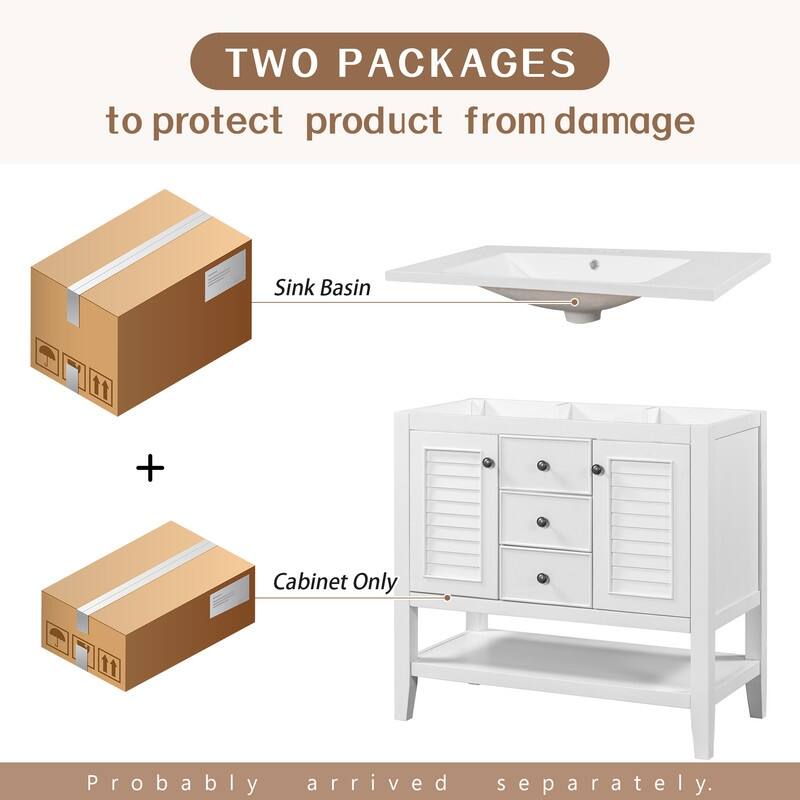 36" Bathroom Vanity with/without Sink, Bathroom Vanity Cabinet with 2 Cabinets and Drawers, Open Shelf, Solid Wood Frame