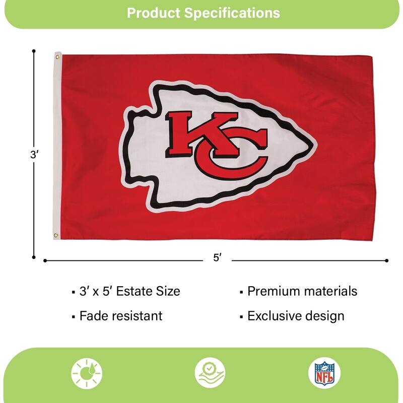 Kansas City Chiefs Single Sided Flag w/ 2 Grommets, 3'x5'