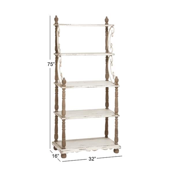 White Wood 5 Shelf Scroll Shelving Unit with Brown Spindle Sides and Ball Feet