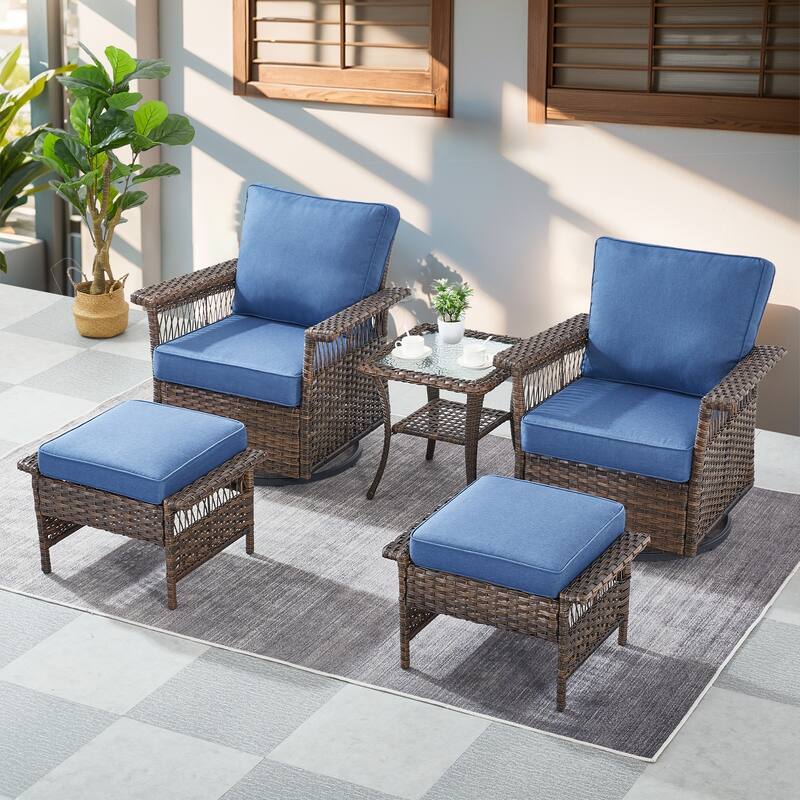 Gymojoy 3PCS Outdoor Swivel Gliders Chair Table with Ottoman - Brown - Brown - Blue