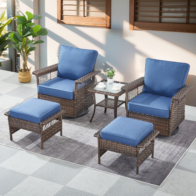 Gymojoy Patio Swivel Rocking Chairs Ottomans and Side Table - Brown - Blue
