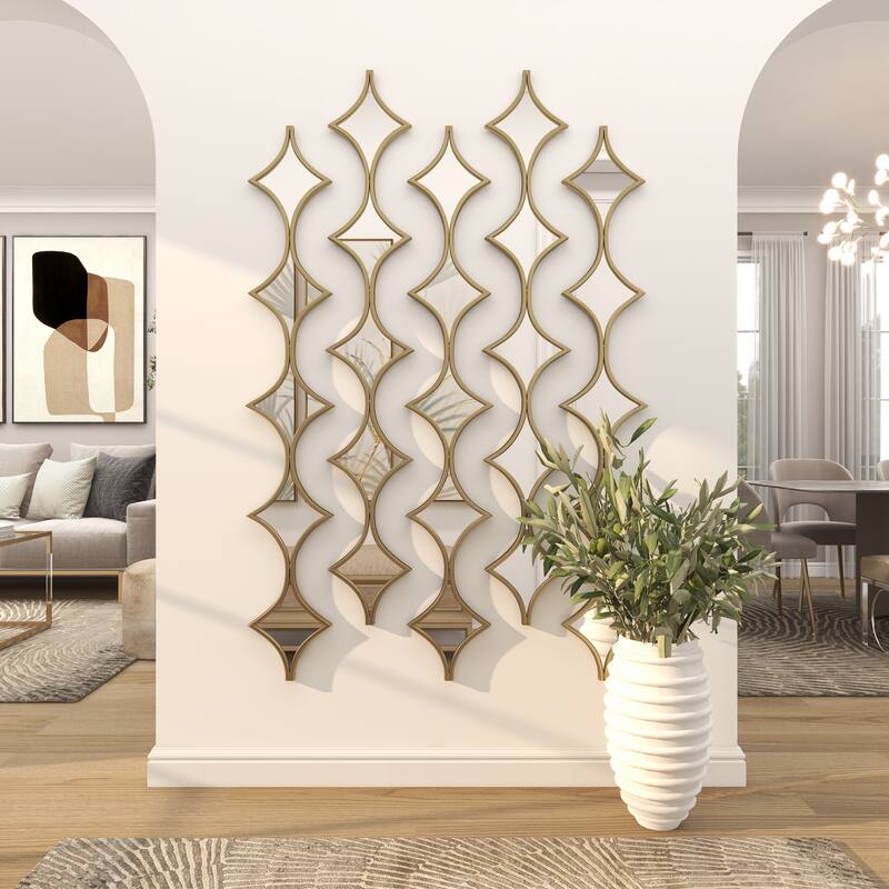 Metal Slim Stacked Chain 5 Layer Wall Mirror with Various Pattern and Foil Detailing - Silver, Gold, or Black
