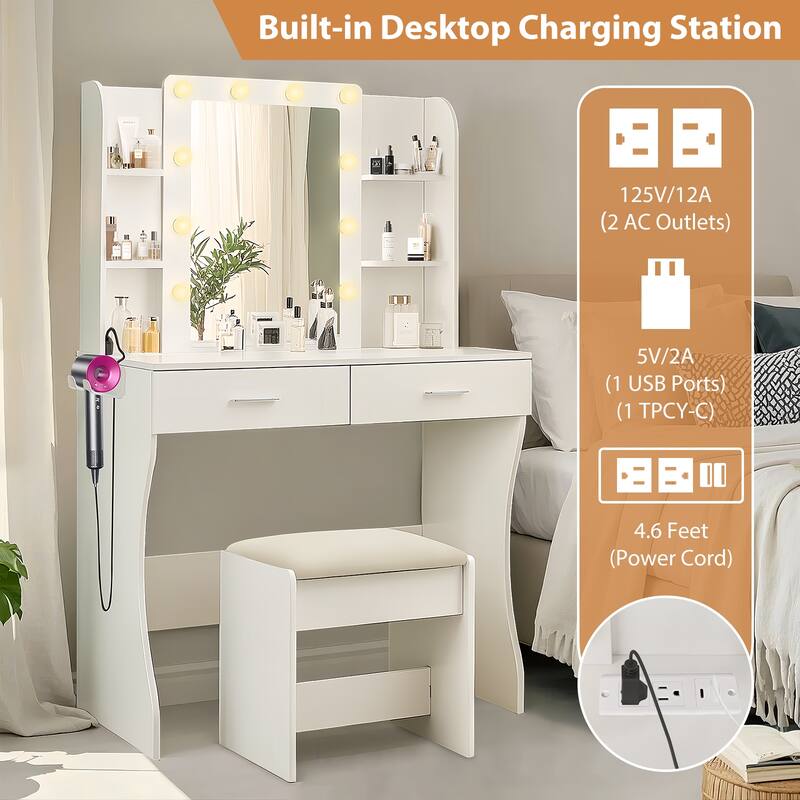 Vanity Set with Mirror and Lights - Makeup Desk with Charging Station, 6 Storage Shelves, 2 Drawers, Stool