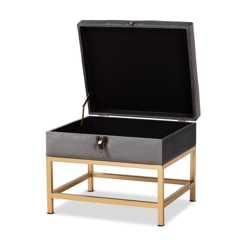 Aliana Glam and Luxe Velvet and Gold Metal Small Storage Ottoman