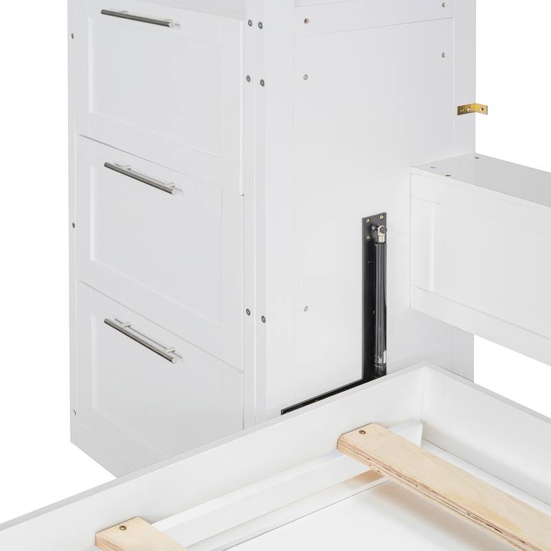 Queen Murphy Bed with Side Flip, Storage Cabinet, Wardrobe and Drawers, Foldable Wall Bed with Top Shelf and Under-Bed Storage