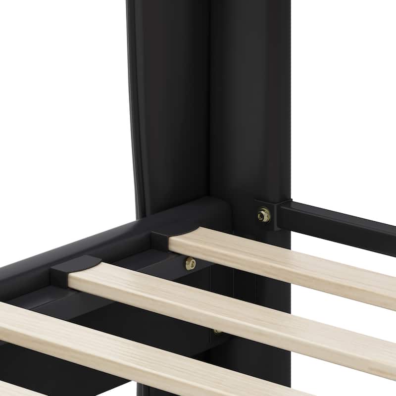 Queen Size Leather Bed frame with Wingback Headboard & Footboard, PU Upholstered Platform bed, Solid Wooden Slats Support