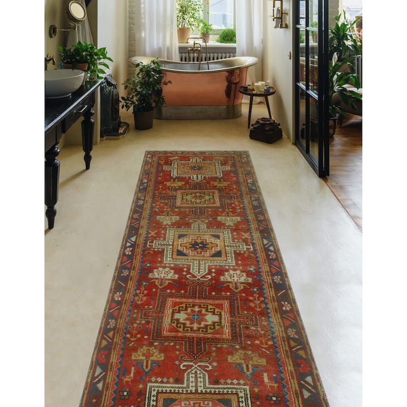 Fine Vintage Distressed Sandy Red/Navy Runner - 3'5" x 10'7"