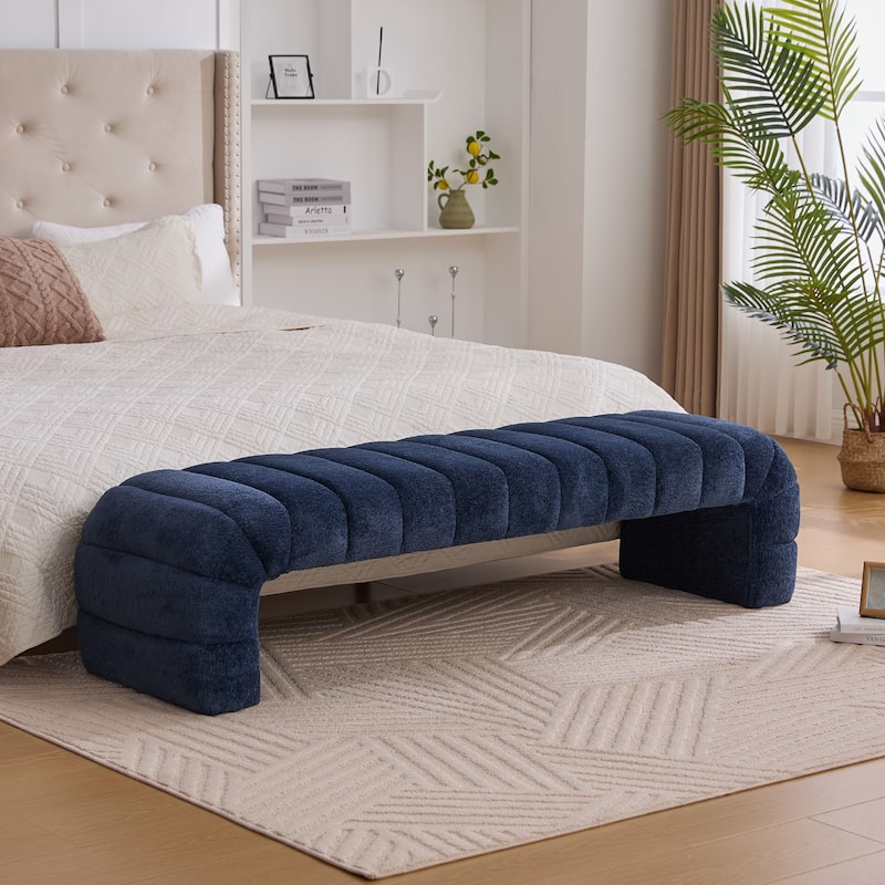 69.7" Chenille Upholstered End of Bed Bench, Modern Armless Curved Long Ottoman for Bedroom or Entryway