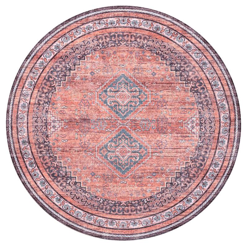 JONATHAN Y Didim Geometric Medallions Machine Washable Area Rug - 5' Round - Terra/Navy