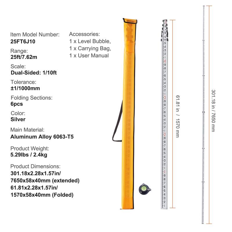 Aluminum Grade Rod, Telescopic Measuring Rod, Double-Sided Scale Leveling Rod Stick,Aluminum Alloy Survey Rod with Bubble Level