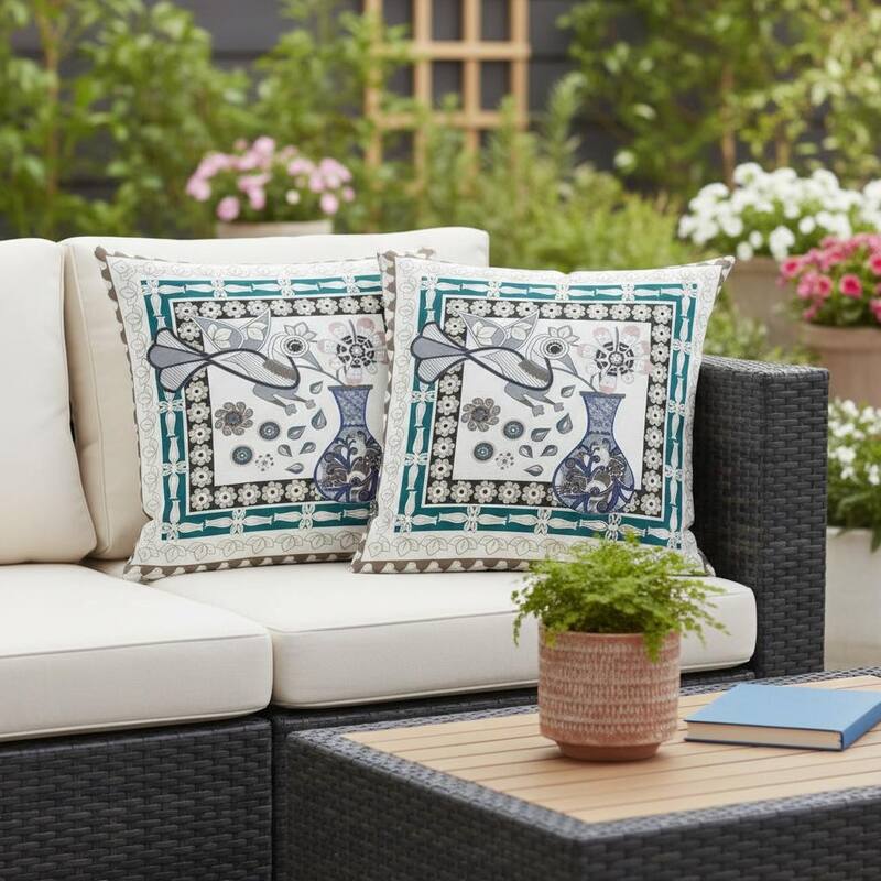 HomeRoots Set of Two 16" X 16" Beige and Green Peacock Blown Seam Floral Indoor Outdoor Throw Pillow - 16.00' X '16.00' X '5.00 - Green/Beige - 16.00' X '16.00' X '5.00