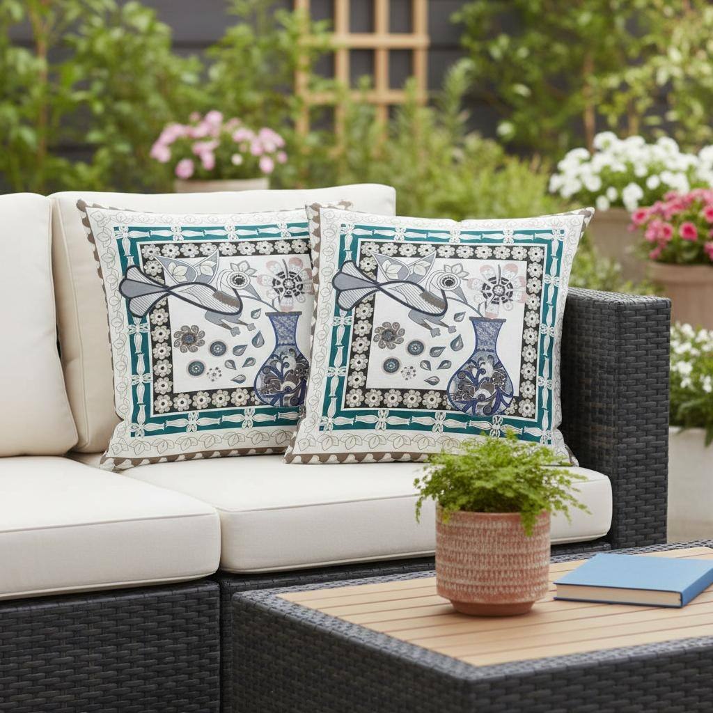 HomeRoots Set of Two 16" X 16" Beige and Green Peacock Blown Seam Floral Indoor Outdoor Throw Pillow - 16.00' X '16.00' X '5.00