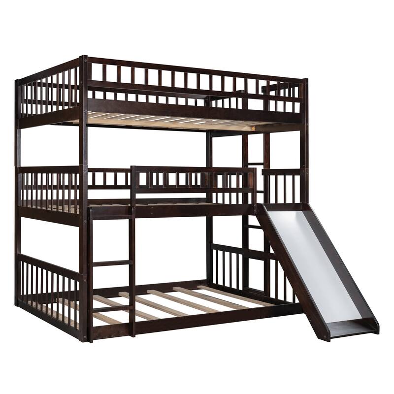 Triple Full-Size Bunk Bed with Ladder, Slide, and Guardrails in Espresso Finish