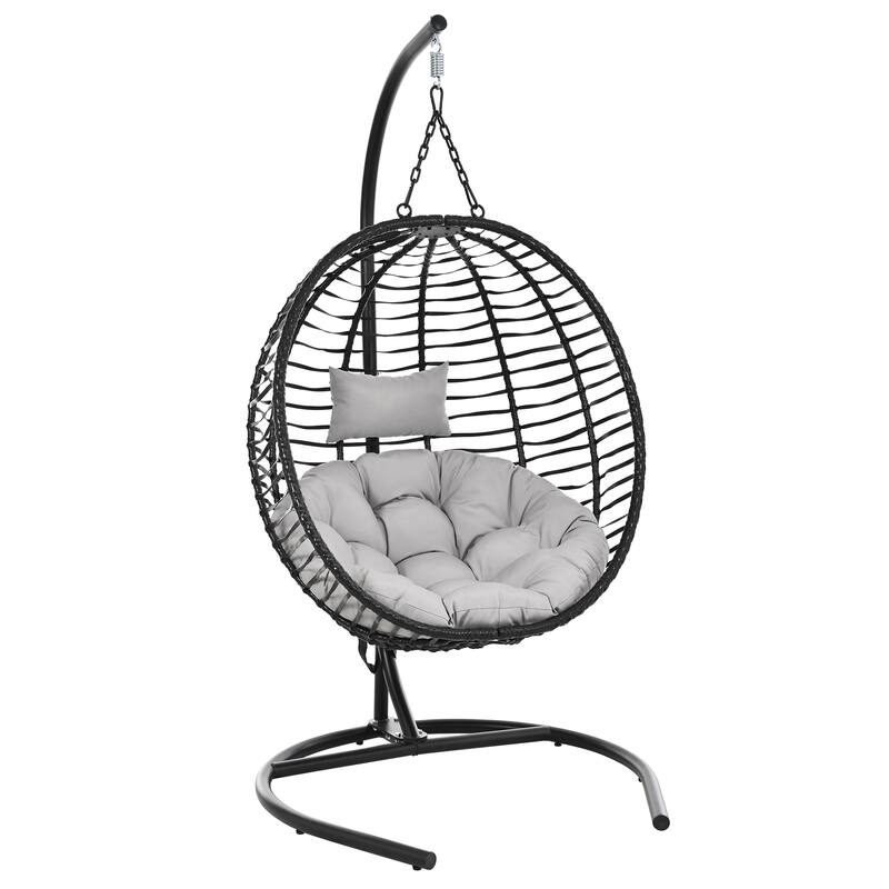 Single Person Folding Egg Chair with Stand - Hanging Wicker Hammock Swing with Adjustable Feet for Balcony, Garden, Bedroom