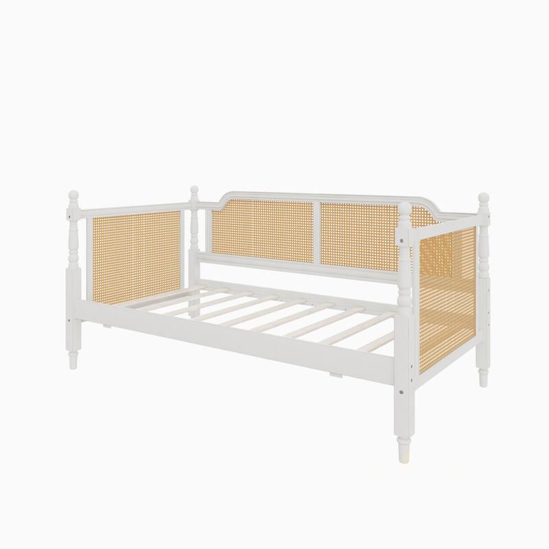Twin/Full Rattan Bed Frame with 2 Storage Drawers & Curved Headboard, Wood Bedframe Daybed for Limited Space, Bedroom Guest Room