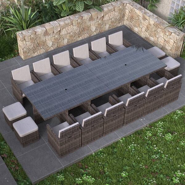 16-Seater Aluminum Patio Dining Sets with Cushions and Tempered Glass Tabletop