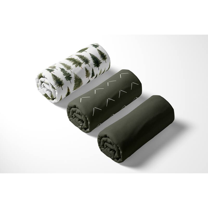 Sweet Jojo Designs Woodland Pinetrees Boy, Girl Unisex 3 Pack Fitted Crib Sheets -Green/White Arrow, Solid Hunter & Forest Theme