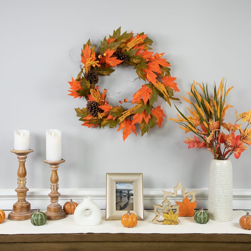 Orange Fall Leaves Pinecones Berries Artificial Wreath 24"