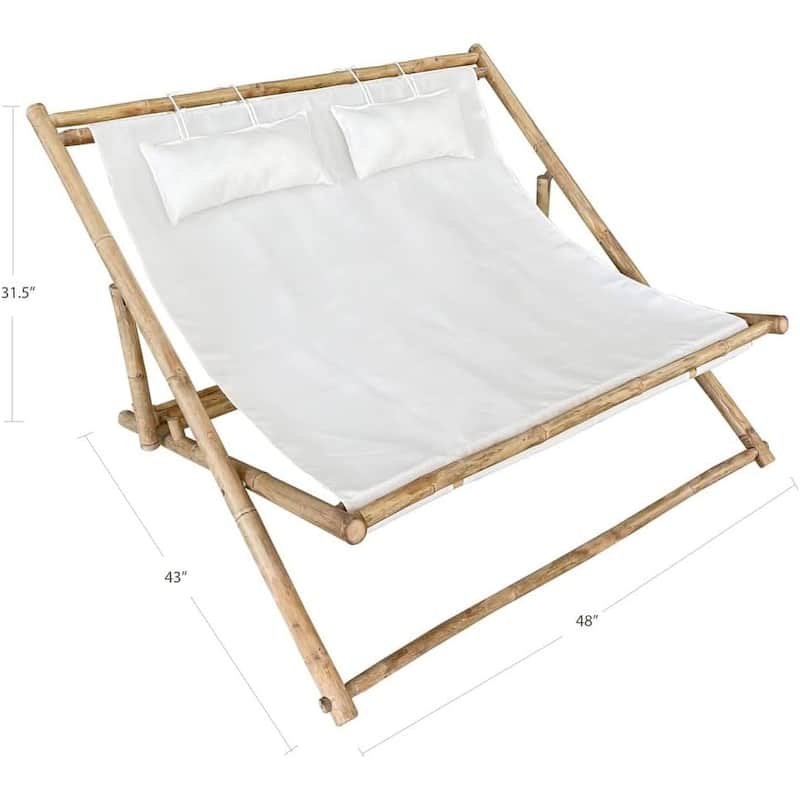 Natural Bamboo Folding Double Sling Chair with Cushions for 2 Persons