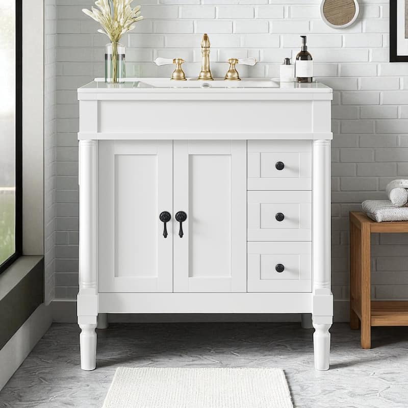 30-Inch Modern Bathroom Vanity with Ceramic Sink, Soft-Close Doors & Drawers, U-Shaped Adjustable Shelf, and Zinc Alloy Handles - White