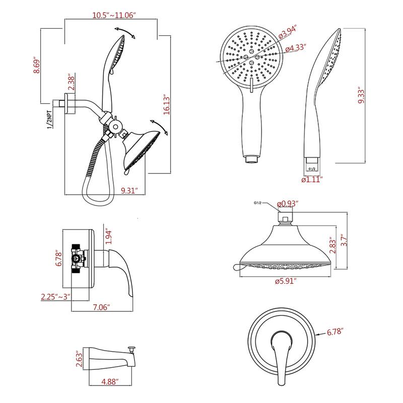 BATHLET Rainfall Shower Faucet Combo Set with Tub Spout and Roughin