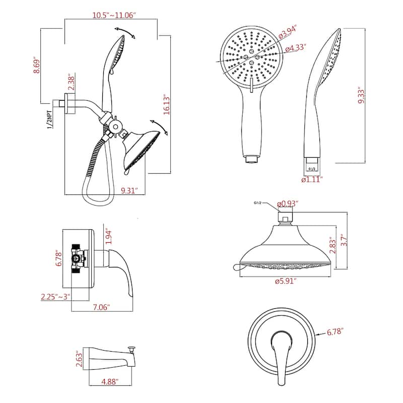 Proox 5-Sprayer Dual Showerhead with Tub Spout Faucet Valve Included - 5