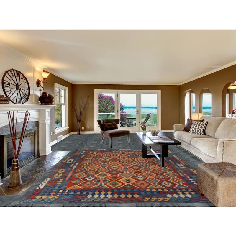 Geometric Kilim Oriental Area Rug Flatweave Tribal Wool Carpet - 8'2"x 11'0"