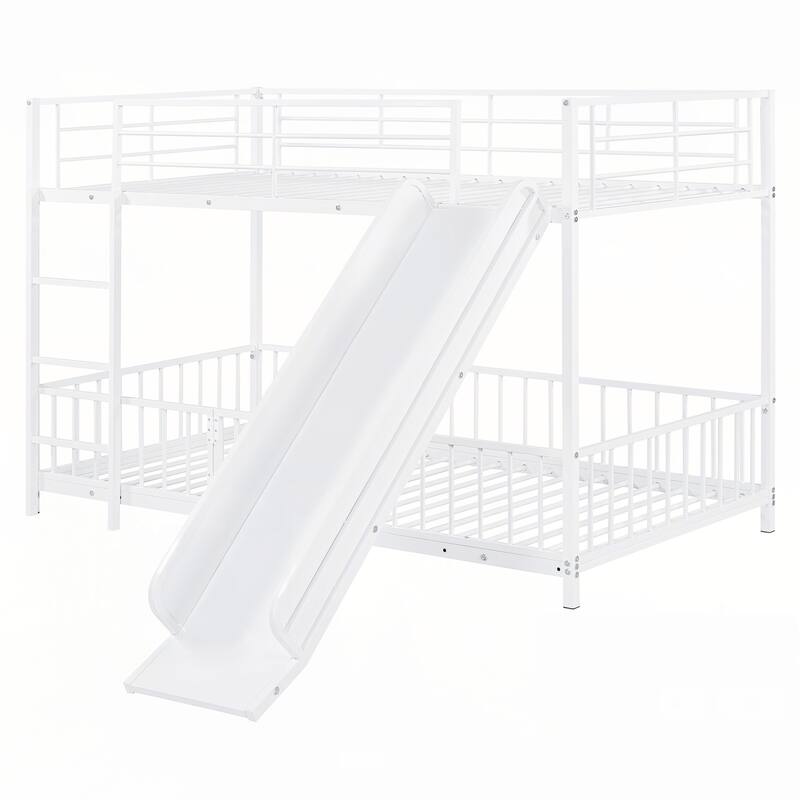 Twin over Twin Size Metal Bunk Bed with Slide and Guardrails